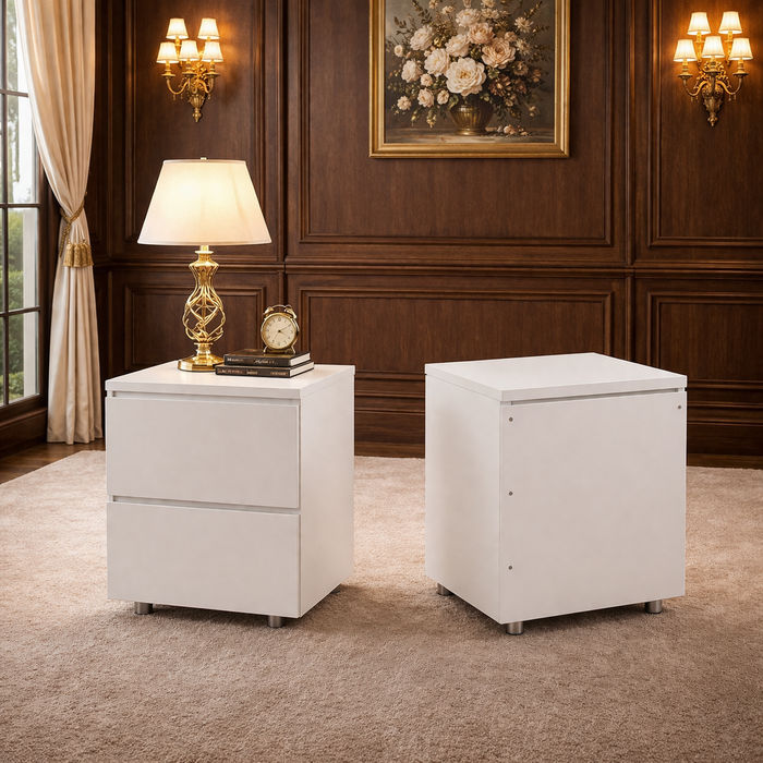 Queen White Wingback Storage Bed with 2 Nightstands Set with Drawers and Channel Tufted Headboard