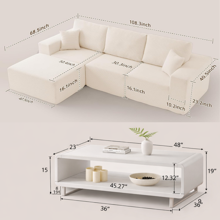 108" L-Shaped Corduroy Modular Sectional Sofa with Ottoman and 48" 2-Tier Wooden Coffee Table Set – White