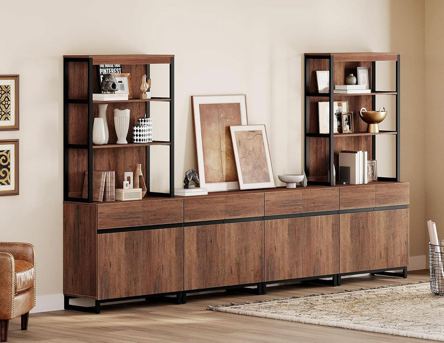 Modern TV Stand with 3 Tiers Bookshelf, Farmhouse Entertainment Center with 4 Large Storage Cabinets and Adjustable Shelf, Wooden Media TV Console with Black Metal Leg for Living Room, Brown