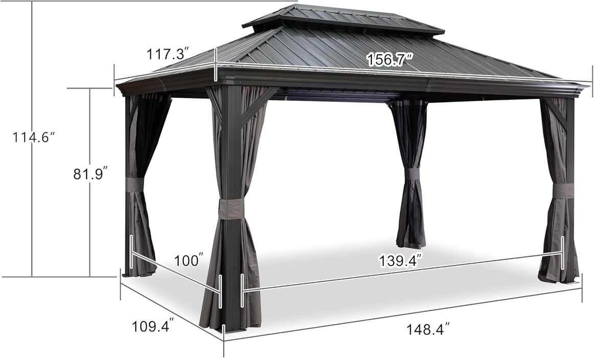 10' X 13' Hardtop Gazebo Aluminum Permanent Gazebo with Galvanized Steel Double Roof for Patio Lawn and Garden, Curtains and Netting Included, Grey