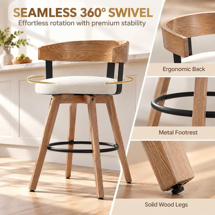 Swivel Bar Stools Set of 4-26" Counter Height Bar Stool with Footrest - Modern Wood Barstools with Linen Upholstered Seat - 360-Degree Swivel Stool for Kitchen Island Home Bar - White