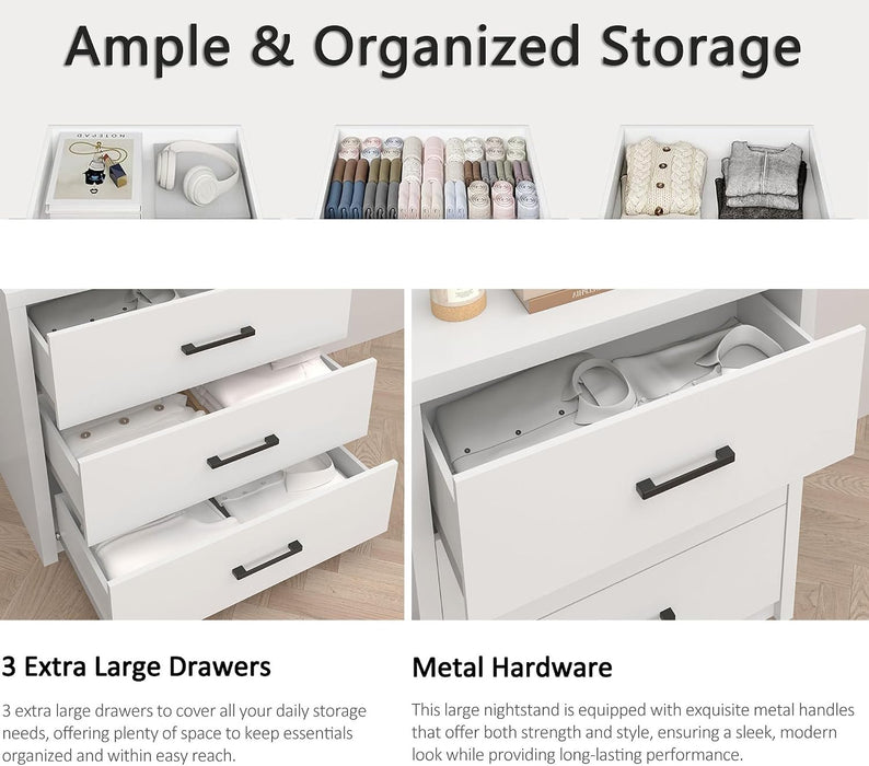 3 Drawer Dresser for Bedroom, Wood Samll Chest of Drawers with Wide Storage Organizer, Mid-Century Modern Tall Nightstand for Closet, Entryway, Hallway, White