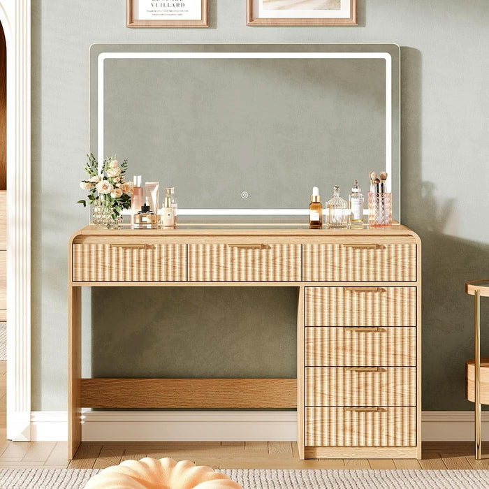47“Makeup Vanity Desk with 44.8" Mirror and Lights, Vanity Desk with 7 Drawers, Makeup Vanity Table with a Glass Tabletop, 3 Color Modes & Adjustable Brightness Dressing Table, Bedroom,Oak