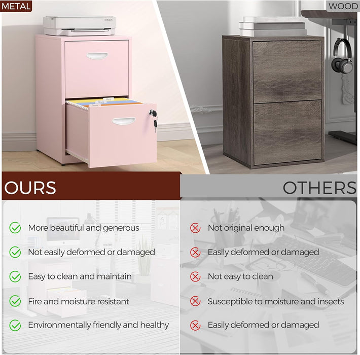 2 Drawer File Cabinet with Lock,Pink Metal Filing Cabinets,Vertical Locking File Cabinet Fit Hanging Files, Letter,File Box and A4 Documents(Pink)