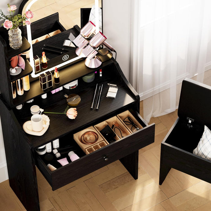 Black Vanity Desk With LED Illuminated MirrorStorage