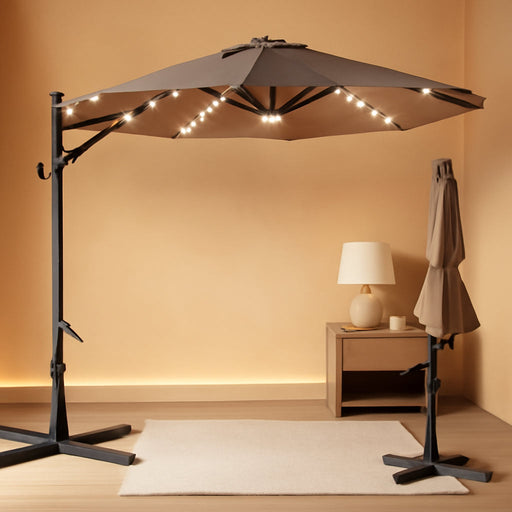 10Ft Solar LED Cantilever Patio Umbrella, 360-Degree Rotation Hanging Offset Market Outdoor Sun Shade for Backyard, Deck, Poolside W/Lights, Easy Tilt, Cross Base