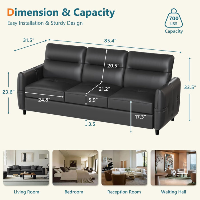 85Inch Black Faux Leather Executive Sofa USBChargingPorts