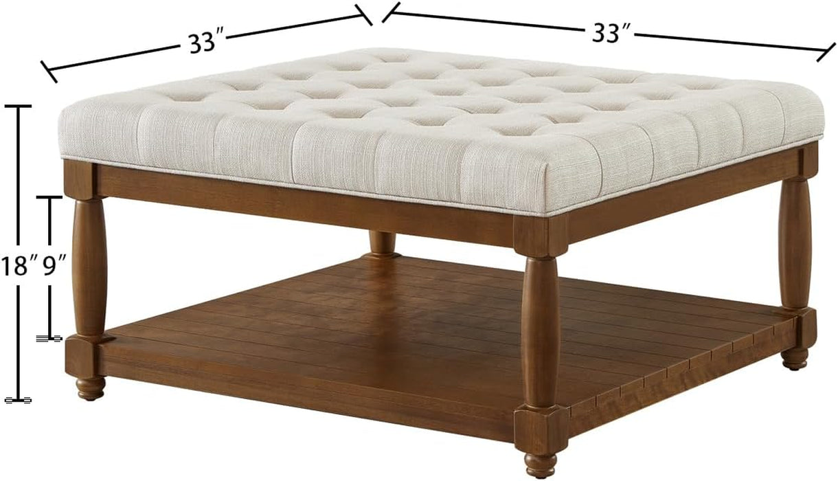 Upholstered Square Coffee Table with Wooden Shelf, Tufted Button Large Square Ottoman with Spindle Wooden Legs, Linen Large Footrest Ottoman Pouf for Living Room, Ivory
