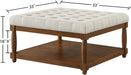 Upholstered Square Coffee Table with Wooden Shelf, Tufted Button Large Square Ottoman with Spindle Wooden Legs, Linen Large Footrest Ottoman Pouf for Living Room, Ivory