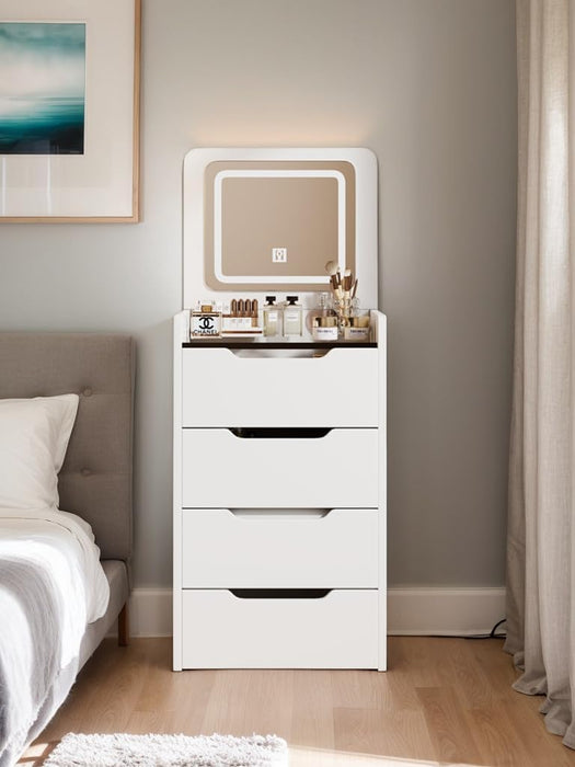3 in 1 Vanity Desk with Plip Top Mirror and Lights, 18.9" Small Make up Vanity Set with Visible Glass Desktop,Compact Makeup Vanity with 3 Drawers,Dressing Table for Bedroom,White