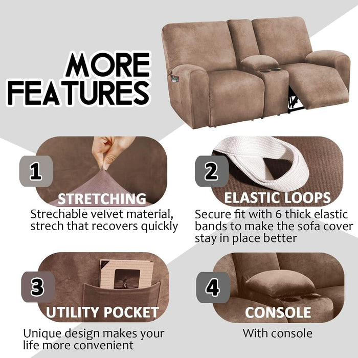 Reclining Love Seat with Middle Console Slipcover, 8-Piece Velvet Stretch Loveseat Reclining Sofa Covers, 2 Seat Love Seat Recliner Cover, Thick, Soft, Washable, Love Seat Slipcovers (Sand)