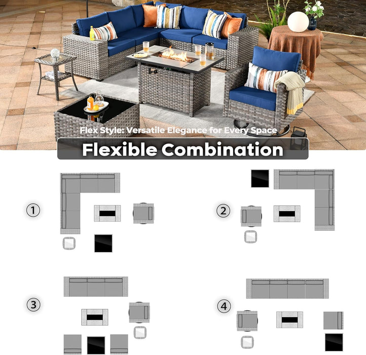 9 Pieces Patio Furniture Set, Outdoor Wicker Sectional Sofa with 42" Fire Pit Table Swivel Chair, Modern Modular Deep Seat Rattan Couch Conversation Sets, Navy Blue