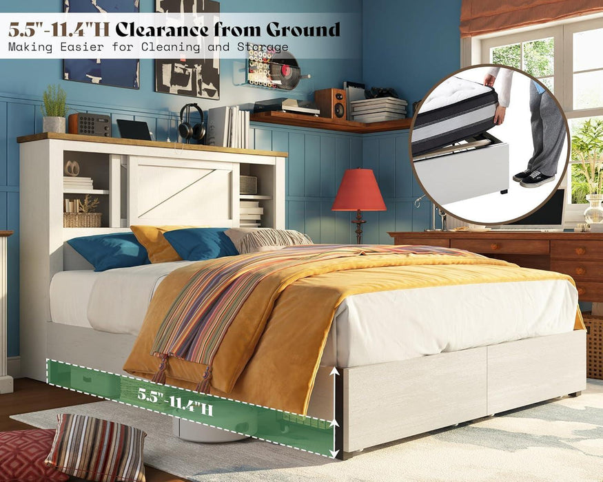 Queen Bed Frame with Hidden Sliding Bookcase Headboard, Charging Station, 2 Large Storage Drawers, Metal & Wood Platform, Farmhouse, No Box Spring Needed, White & Barnwood