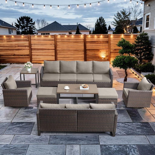 9 Piece Patio Furniture Set Outdoor Sectional Sofa,High Back Patio Swivel Rocker Chairs with Ottomans Coffee Table for Porch,Garden,Backyard(Brown/Grey)