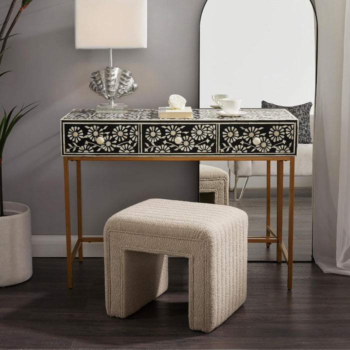 Vanity Stool Chair,Modern Boucle Ottoman Foot Stool with Wooden Legs Sofa Bench Footstool Extra Seat for Vanity,Makeup Room,Living Room,Entryway,Office (Fully Assembled) (Taupe)