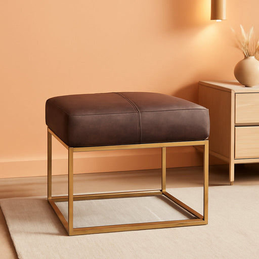 Decorative Large Square Gold Metal Ottoman | Ottoman Stool for Living Room & Bedroom | Decorative Home Furniture (Brown Faux Leather)