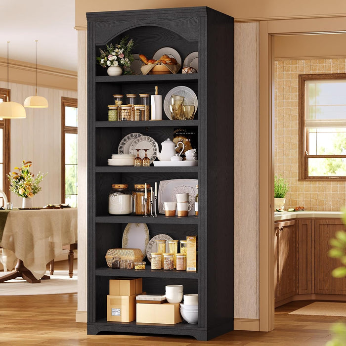 80.9 in Tall Arched Bookcase, Vintage 6-Tier Black Bookshelf with Classic Roman Column Design & Open Shelves for Living Room, Kitchen, Black