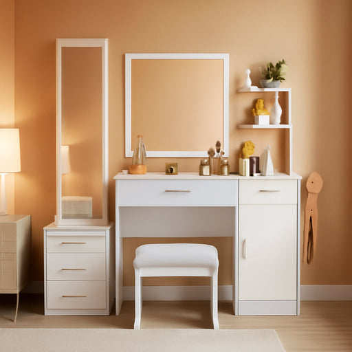 Multifunctional White Vanity Desk With Illuminated Mirror