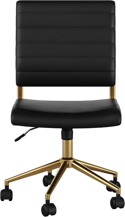 Ivy Armless Swivel Task Chair for Home Office in Black Faux Leather with Polished Brass Frame