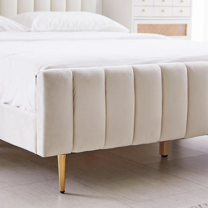 Queen Size Elton Velvet Platform Bed, Upholstered Bed Frame with Vertical Channel Tufted Headboard Footboard, Strong Wood Slats, No Box Spring Needed, Ivory (Queen)