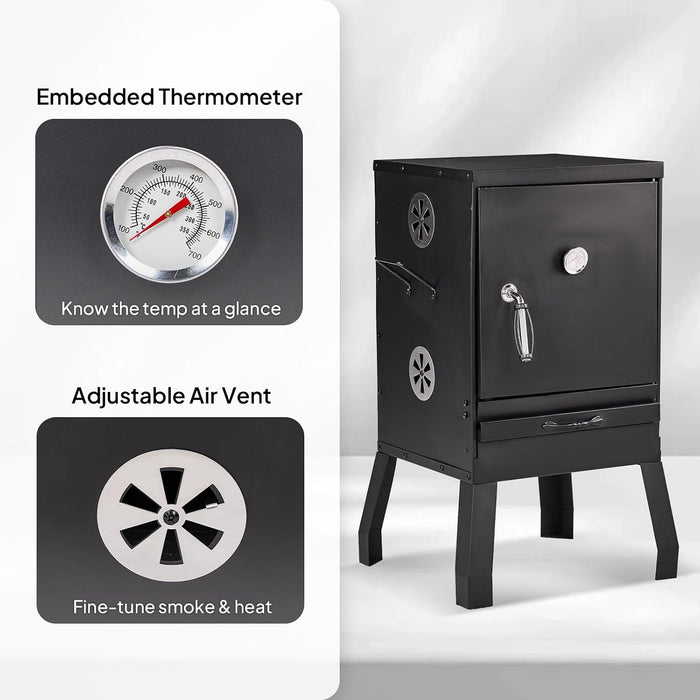Outdoor Smoker with Door, Vertical Charcoal Smoker, Outdoors Charcoal Grill with 2 Detachable Grill Netting Smoking Racks, Suitable for Lawn Picnic Backyard BBQ, Small Families, Black