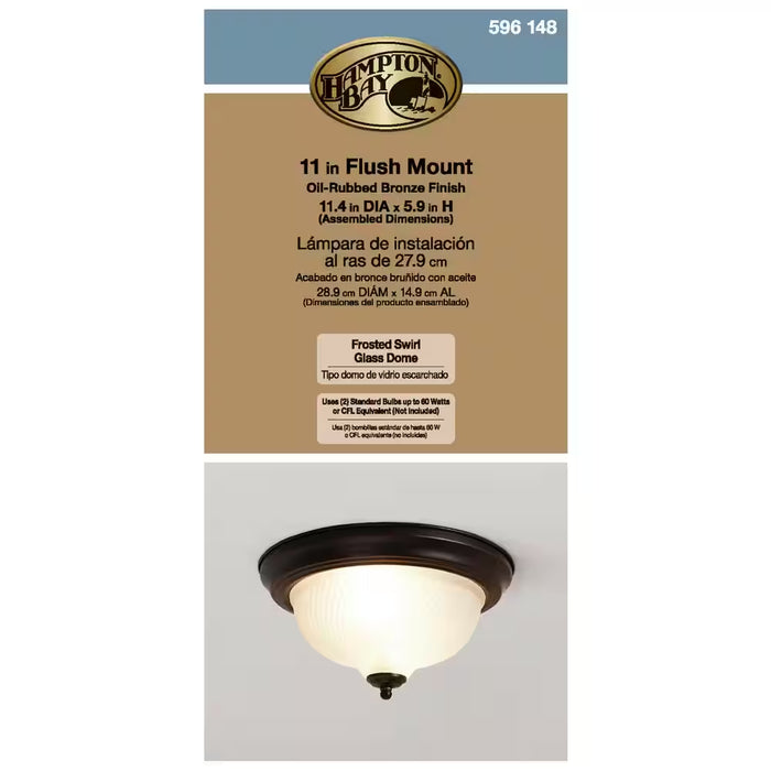 11 In. 2-Light Oil-Rubbed Bronze Flush Mount with Frosted Swirl Glass Shade