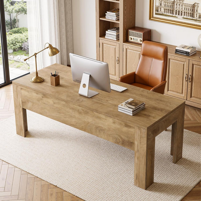 63-Inch Office Desk, Modern Executive Desk with Large Tabletop, Wooden Computer Desk, Long Workstation for Home Office, Light Brown
