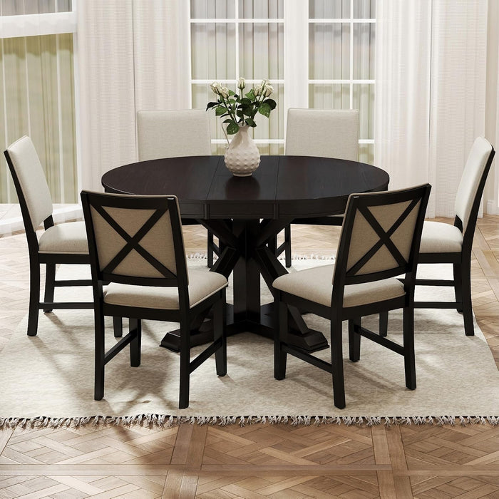 42"-54" Extendable Dining Table for 4-6 People Farmhouse Round/Oval Dining Room Table Solid Wood Kitchen Table with Cross Base, Only Table (Dark Brown)