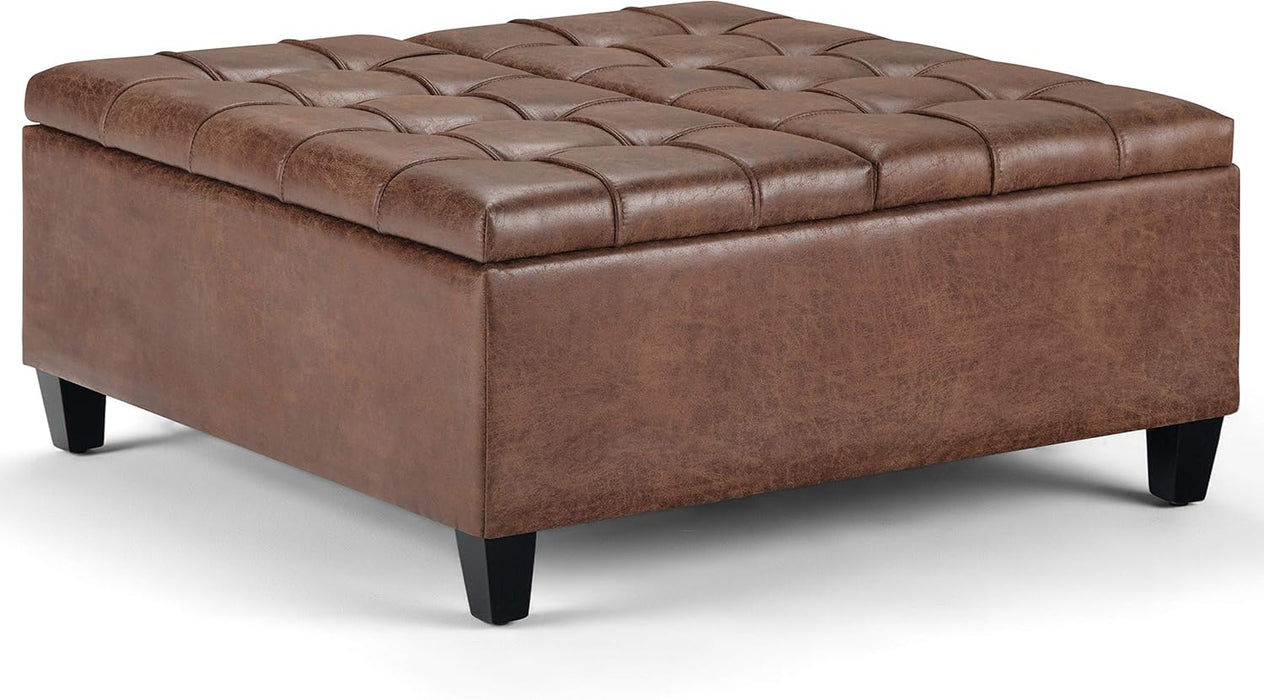 Harrison 36 Inch Wide Transitional Square Coffee Table Storage Ottoman in Distressed Umber Brown Vegan Faux Leather, Assembled, for the Living Room and Bedroom