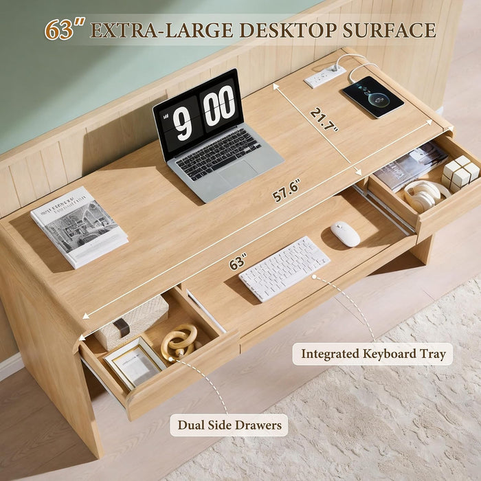 63" Curved Edge Home Office Desk, Modern Computer Desk, Natural