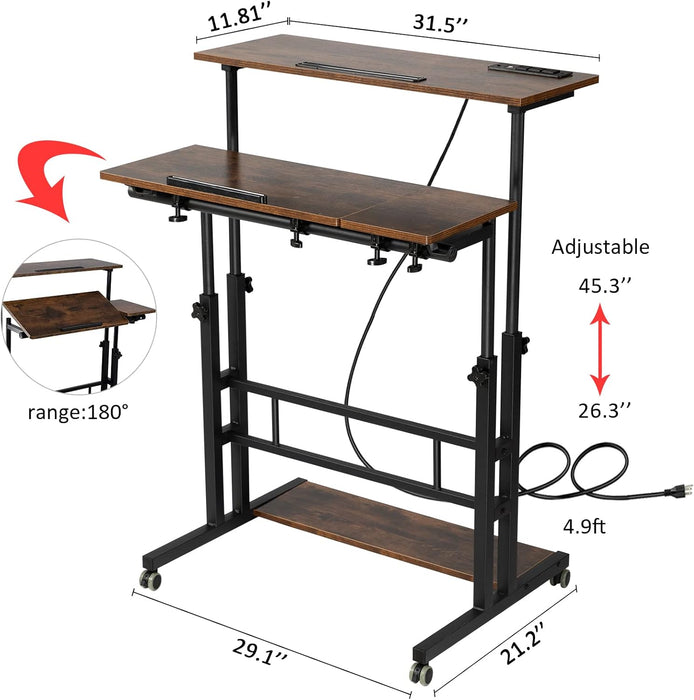 Mobile Standing Desk Adjustable Height, Rolling Desk Stand up Desk, Mobile Laptop Desk, Rolling Computer Desk with Charging Station, Portable Desk with Wheels, Rustic Brown