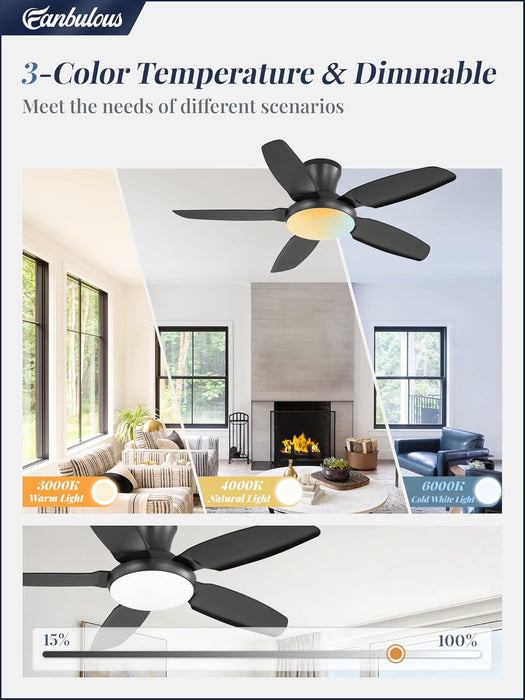 Ceiling Fans with Lights, 42 Inch Low Profile Flush Mount Ceiling Fan with Remote/App Control,Black Modern Ceiling Fan with LED Light for Bedroom Indoor Outdoor-Led Dimmable, 3CCT, 6 Speeds