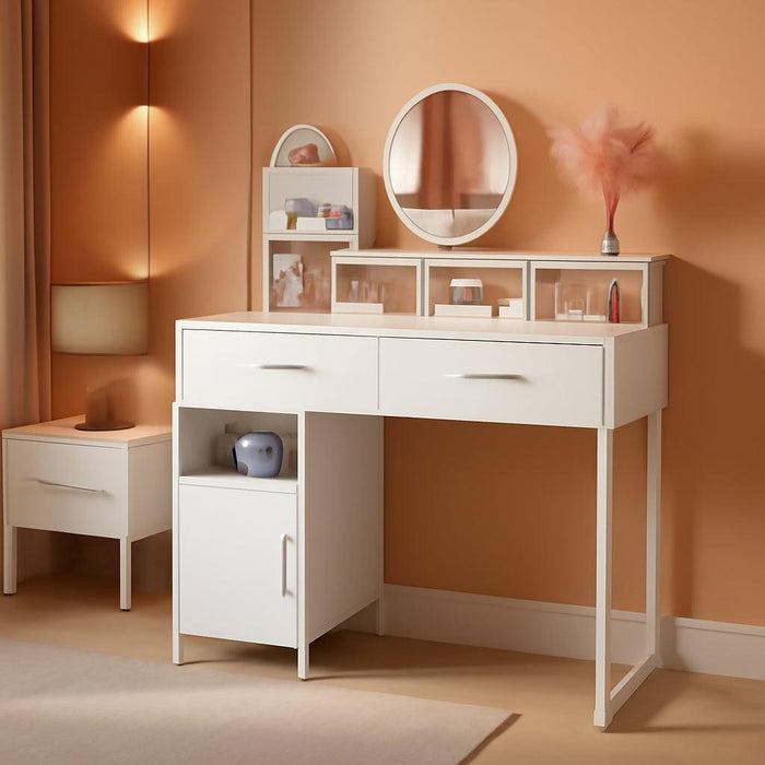 Vanity Desk, Small Vanity Desk with Power Outlet, Makeup Desk with Drawers and Cabinets, Vanity Set with Storage Shelves for Bedroom, No Mirror, White