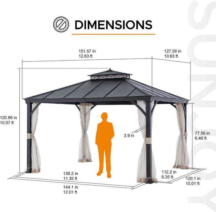 Hardtop Gazebo 11 X 13 Ft. Outdoor Patio Black Metal Gazebo with Double Tiered, Ceiling Hook and Mesh Netting, Black