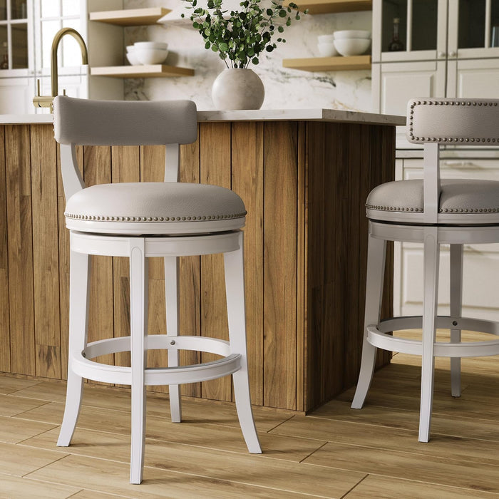 Pasha 31" Bar Stool, White Wood with Gray Faux Leather Seat and Back