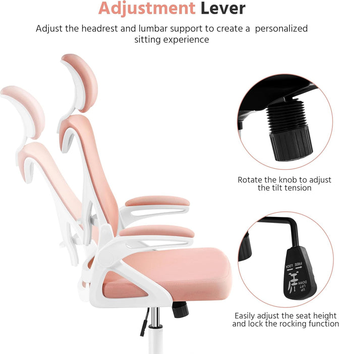 Ergonomic Office Chair, High Back Mesh Desk Chair with Flip-Up Armrests, Adjustable Headrest Computer Chair with Lumbar Support for Home Oiffce Gaming Room, White/Pink