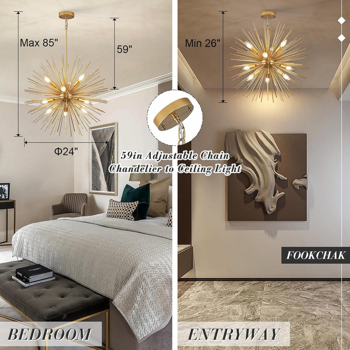 24In Gold Sputnik Chandelier 9-Light Starburst Chandelier Light Fixture Solid Metal Mid-Century Modern Satellite Light Fixture for Dining Room Bedroom Bathroom Entryway Kitchen Island