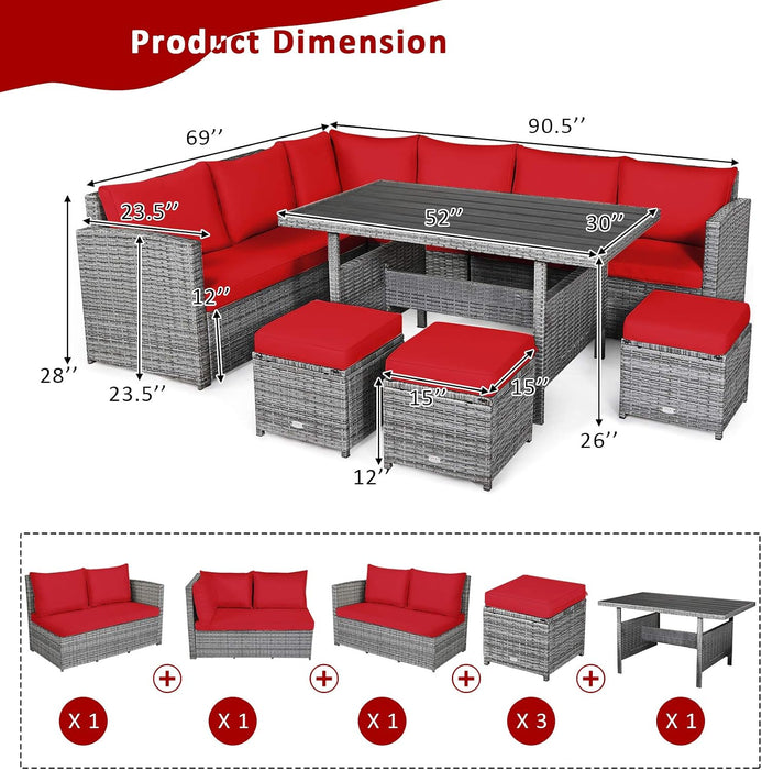 7 Pieces Patio Furniture Set, Outdoor Sectional Rattan Sofa Set with Cushions, All Weather Wicker Conversation Couch Set W/Dining Table & Ottomans for Backyard Garden Poolside