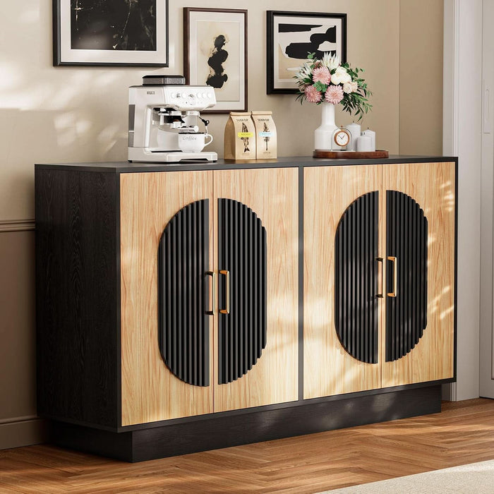 58" Fluted Modular Buffet Cabinet with Arched Doors & Gold Handles, Mid Century Modern Sideboard Credenza Storage with Adjustable Shelves, Wood Coffee Bar Console Table for Dining Living Room