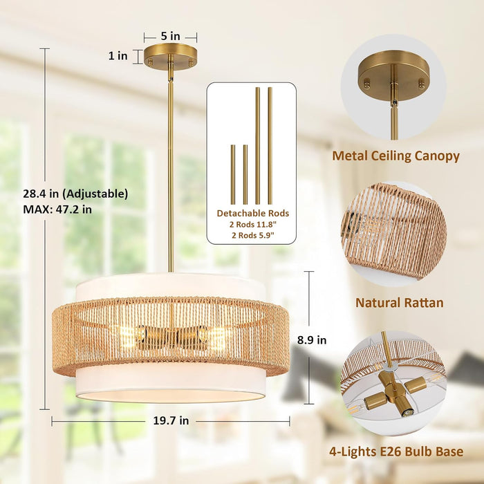 19.7 Inch Handwoven Rattan Chandelier Pendant Light