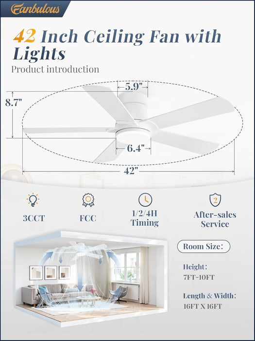 Ceiling Fans with Lights and Remote, 42 Inch Low Profile Flush Mount Ceiling Fan,White Modern Ceiling Fan with LED Light for Bedroom Indoor Outdoor-5 Reversible Blades, 3CCT, 6 Speeds, Timer