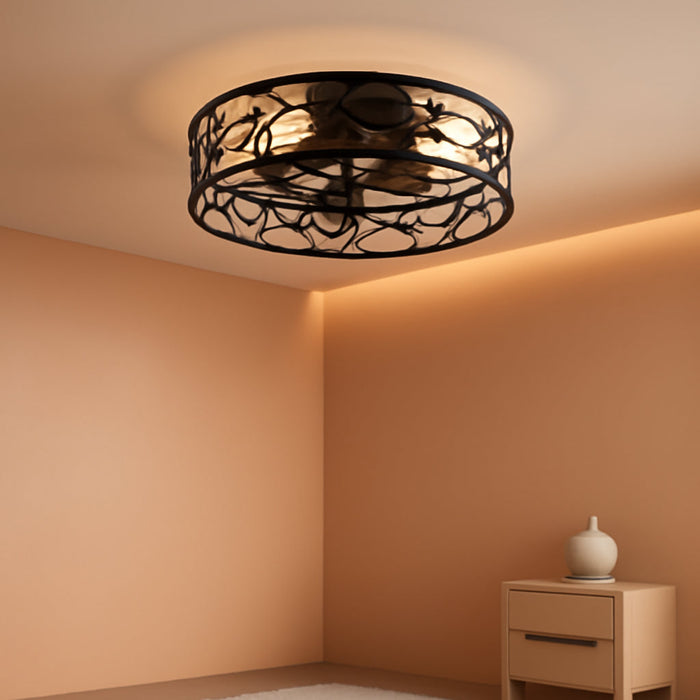 Caged Ceiling Fans with Lights, Black Flush Mount Ceiling Fan with Remote, Small Low Profile Bladeless Ceiling Fan Light Fixture for Bedroom, Kitchen, Dining Room.