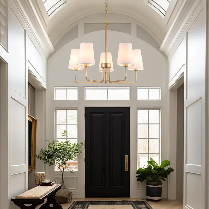 Farmhouse Chandelier, 5-Lights Visual Comfort Gold Light, Muted Gold with White Fabric Shade, Linear Island Lighting Fixture for Kitchen, Dining Room