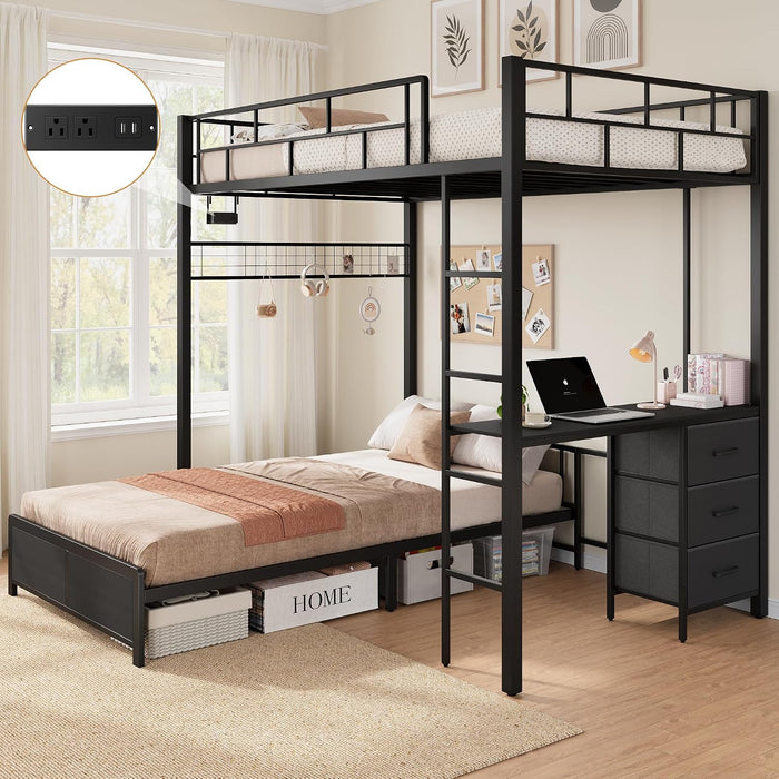 Black Twin Over Twin Bunk Bed WithDeskChargingStation