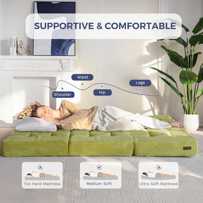 Tri-Fold Mattress, 6 Inch Tufted Folding Mattress Full Foam Bed, Foldable Floor Couch Guest Bed Topper Portable Camping Sleeper with Corded Fabric, Green, 53"X75"