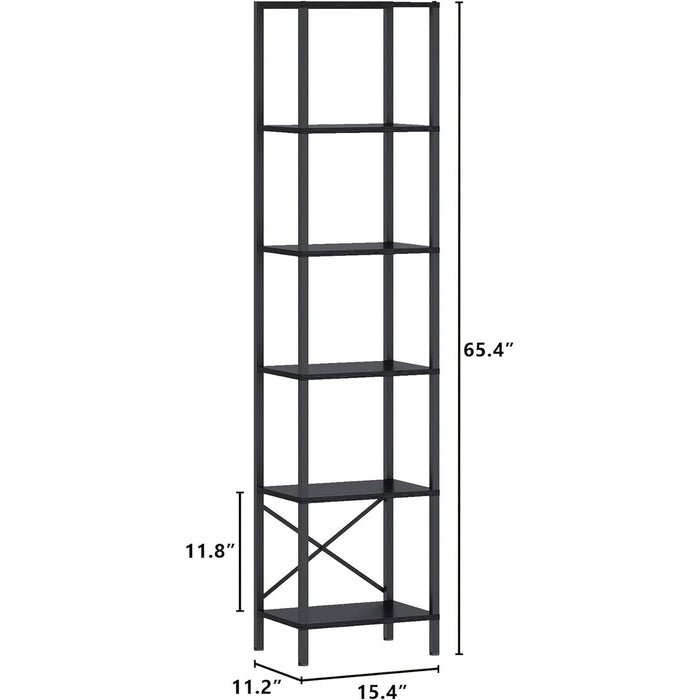 6-Tier Bookshelf, Tall Narrow Bookcase with LED Lights, Book Shelf with Steel Frame, Display Storage Shelf for Living Room, Bedroom, Home Office, Study, Balcony, Black