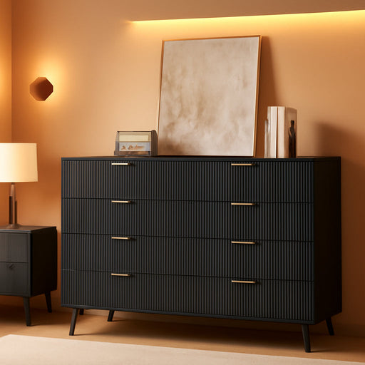 Fluted Nine Drawer Dresser FiftyFiveInch MatteBlack Organizer