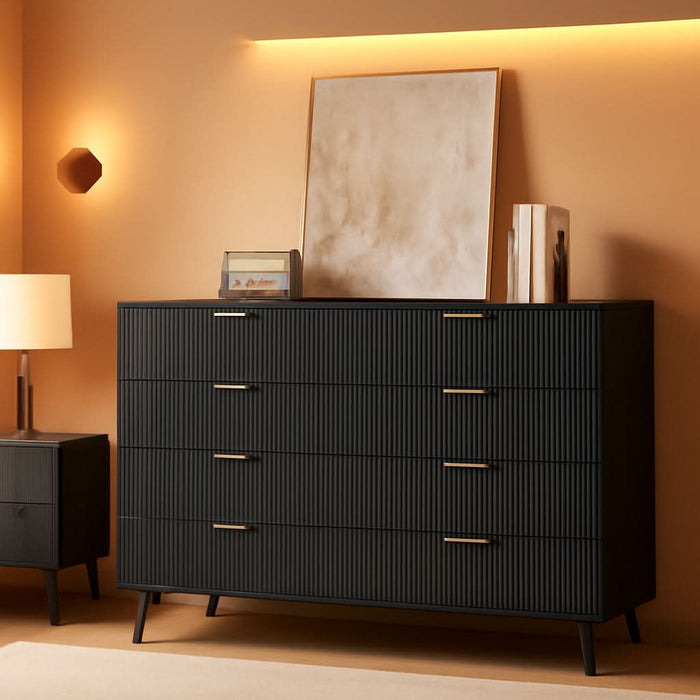 Fluted Nine Drawer Dresser FiftyFiveInch MatteBlack Organizer