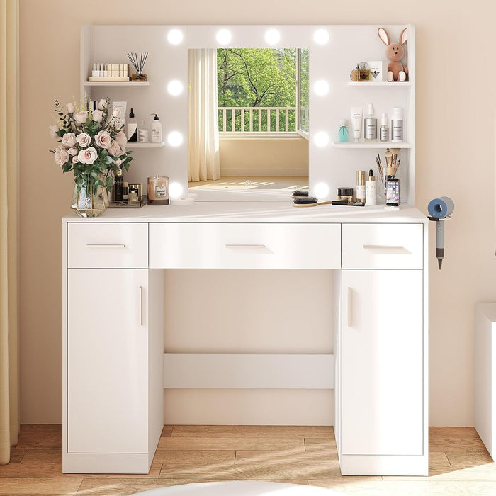 Makeup Vanity Desk with Mirror and Adjustable 10 LED Bulbs, White | Vanity Makeup Table with Power Outlets and Hairdryer Rack, Dressing Table with 3 Drawers & 2 Large Cabinet, 3 Color Lighting