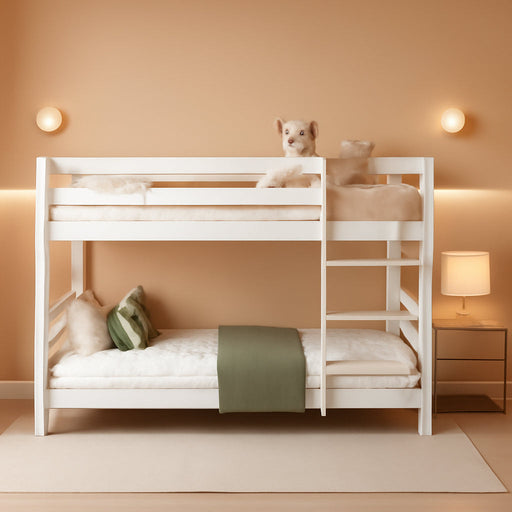 Low Bunk Bed for Kids, Floor Bunk Bed Twin over Twin with Bookshelves & Full Guardrails, Wooden Twin Bunk Bed Frame for Bedroom, Dorm, Boys, Girls, Children, Toddler (White)